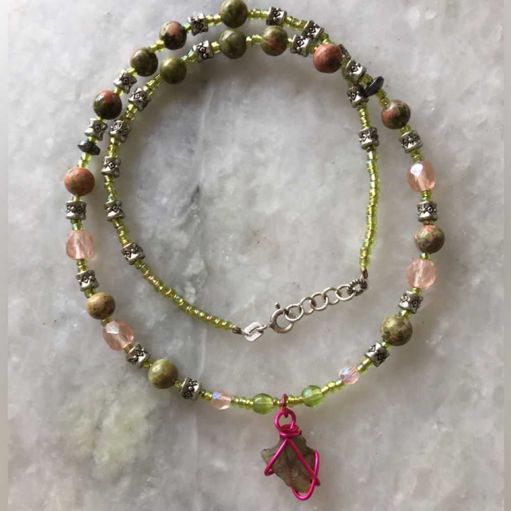 Natural Moldavite Necklace with Unakite Stones, Czech Crystals & Wire Wrapped π - Picture 8 of 15
